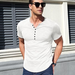 T-shirt décontracté pour hommes, col Henley, coupe classique, manches courtes, en mélange de coton lavé 200 grammes, couleur unie, avec boutons et col en V, vente en gros - Product Image 4