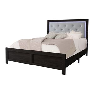 Letto Matrimoniale Moderno con Testiera Imbottita in Ecopelle Nera e Grigia, Finitura Nera, con Illuminazione Integrata, in Legno, per Camera da Letto - Product Image 1