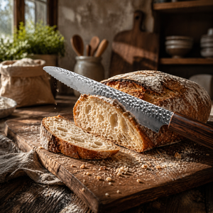 Custom Handmade Eco-Friendly Dishwasher Safe Forged <b>Bread</b> <b>Knife</b> in Damascus Steel with Wooden Handle and Leather Sheath - Product Image 5