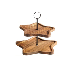 Support à gâteau décoratif en bois d'acacia à 2 niveaux en forme d'étoile avec poignée en métal noir, plateau de service rustique en bois pour desserts et cupcakes - Product Image 1