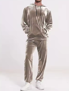 Men's Black Velvet <b>Hoodie</b> And Pants Tracksuit Full Sleeve Solid Color Casual Autumn Wear With Side Pockets Elastic Waist - Product Image 2