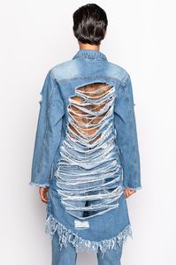 Abrigo vaquero vintage para mujer con espalda recortada, manga larga, abotonadura sencilla y bajo asimétrico, estilo 2026, chaqueta de mezclilla de moda - Product Image 2