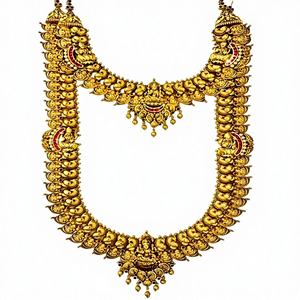 Conjunto de Collar Largo y Gargantilla de Oro Sólido de 22K con Rubíes Antiguos de Templo, Diseño de Pavo Real de la Diosa Lakshmi, Collar Nupcial Étnico Tradicional - Product Image 1
