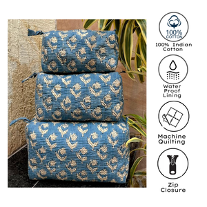 Jaipur Artisan Hand Block Printed Quilted Cotton <b>Toiletry</b> Pouch Set Waterproof Zip Closure Travel Cosmetic Organizer For Women - Product Image 2
