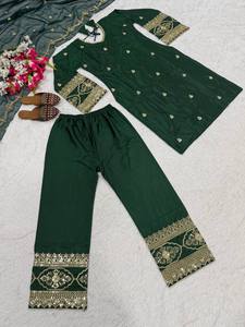 Salwar Kameez en soie brodée verte pour femme, coupe moderne, longueur genou, séchage rapide, idéal pour la plage, les remises de diplômes, Diwali, les mariages et les fêtes - Product Image 5