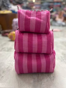 Pink Striped Cotton Cosmetic Bag Small Size Zipper Closure Toiletry Bag Multi Function <b>Makeup</b> <b>Case</b> Lovely Style Toiletry Pouch - Product Image 2