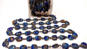 Natural <b>Copper</b> Turquoise Lapis lazuli free Shape 15mm bezel connector <b>chain</b> sold per Foot - Product Image 3