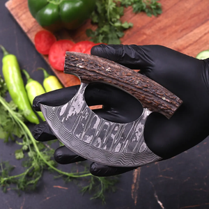 Cuchillo de Cocina Artesanal DIY de Acero de Damasco Ulu para Pizza, Cuchillo Oscilante, Picador de Hierbas, Mango de Cuerno, Funda de Cuero, Cuchillo de Chef OEM - Product Image 2