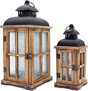 Rustic Wooden Outdoor <b>Lantern</b> <b>Set</b> Decorative Candle Holder with Embossed Glass and Metal Top Farmhouse Garden <b>Lantern</b> - Product Image 4