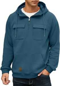 Sweat à capuche tendance pour homme, demi-zip, avec poche avant, en mélange de coton, doublure polaire, décontracté, hiver, cordon de serrage réglable, écologique, ODM - Product Image 2