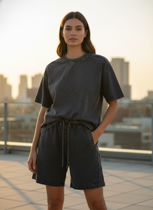2026 Premium Summer Casual Washed Black Solid Paneled 100% Cotton Terry Eco-Friendly Front Logo Two-Piece T-Shirt & Short <b>Set</b> - Product Image 4