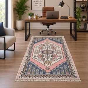 Alfombra Delgada de Lana Ecológica Anudada a Mano, Estilo Persa con Patrón Floral - Product Image 3