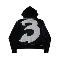 Sweat à capuche zippé noir avec strass pour femme, style streetwear, en polaire longue, imprimé graphique abstrait, surpiqûres contrastées, veste décontractée à capuche