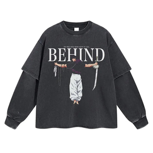 เสื้อยืดสตรีทแวร์ผ้าฝ้ายฟอกสีทรงโอเวอร์ไซส์ พิมพ์ลายสกรีน แขนยาวสองชั้น - Product Image 1