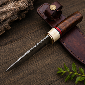 Couteau de survie extérieur artisanal Black Smith 1987 en acier Damas, manche bois et os, lame à pointe clip, longueur totale 12 pouces, étui en cuir - Product Image 2