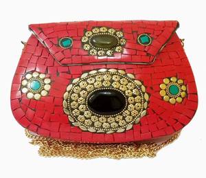 Bolsos de Cuero con Mosaico Metálico de Lujo Estilo Bohemio para Mujer, GC-BG-544, Mejor Precio de Exportador Indio para Fiestas - Product Image 1