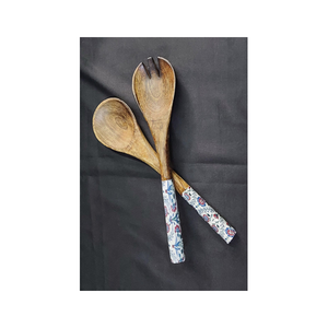 Eco-Friendly Wooden Salad <b>Tools</b> Serving Set with Spoon & Fork Blue-White Floral Pattern Handles Dishwasher <b>Safe</b> - Product Image 1
