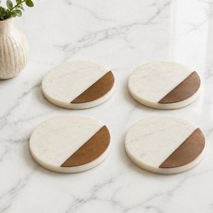 Juego de posavasos redondos de mármol y madera con base de madera, posavasos modernos de piedra para bebidas, diseño duradero, posavasos para té de UO - Product Image 2
