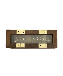 Jeu de dominos classique en bois naturel de 6 pouces avec accents en laiton et boîte de rangement en verre, divertissement de table artisanal - Product Image 1