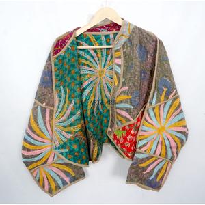 Best Selling Handmade beautiful Cotton Kantha <b>Jacket</b> with <b>Mandarin</b> <b>Collar</b> and Logo for Women Wholesale Price From India - Product Image 5