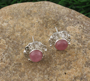 Pendientes de Jade Rosa Natural, Plata de Ley 925, Gema Redonda para Mujer, Joyería de Lujo para Fiesta, Hechos a Mano, Venta al por Mayor - Product Image 3