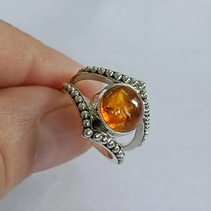 Bague de promesse bohème en argent sterling 925 avec pierre précieuse jaune ambrée de 9 mm, sertie clos, cadeau pour femme, pierre de naissance de novembre - Product Image 3