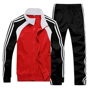 "COLOR BLOCK BLACK AND RED FULL ZIP JACKET AND MATCHING TRACK PANTS WITH <b>WHITE</b> TWO STRIPES MEN'S 2-PIECE" - Product Image 1