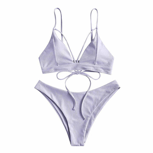 Ensemble bikini côtelé pour femmes, haut croisé à bretelles, bas string, maillot de bain 2 pièces en tissu extensible, couleur unie - Product Image 2