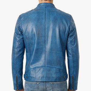 Chaqueta de Cuero Genuino Azul para Hombre, Corte Ajustado, Estilo Motero, Piel de Oveja Real, Diseño Vintage, Abrigo de Moda - Product Image 2