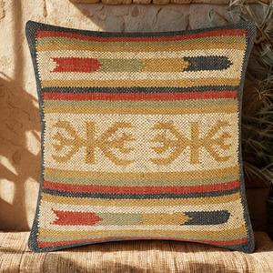 Square Woven Cotton Pillow With Striped Embroidery Pattern For Indoor Outdoor Use All Season Decorative <b>Cushion</b> - Product Image 5