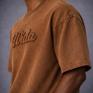 T-shirt vintage brodé tendance en gros, personnalisé avec logo de marque, pour homme, à manches courtes, en coton épais délavé à l'acide - Product Image 5