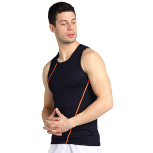 Camiseta sin mangas de punto de secado rápido para hombre 2026, color sólido, cuello redondo, estilo deportivo, chaleco de entrenamiento negro con ribete naranja - Product Image 1