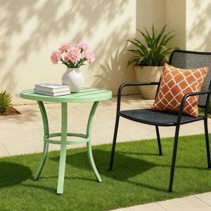 Tavolino Rotondo in Metallo Verde Chiaro per Interni ed Esterni, Ideale come Tavolino da Patio o Tavolino da Caffè - Product Image 6