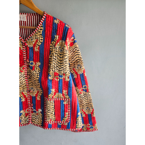 Abrigo Acolchado para Mujer, Estampado de Tigre, Botones al Frente, Manga Larga, Chaqueta Roja y Azul, Ropa Exterior Informal, Regalo para Ella - Product Image 3