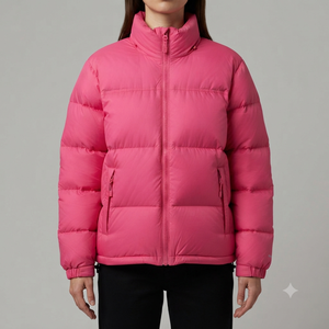 Chaqueta Acolchada Rosa Unisex, Abrigo de Invierno Cortavientos con Cierre de Cremallera, Corte Regular, Color Sólido Informal, Relleno de Fibra de Poliéster - Product Image 2