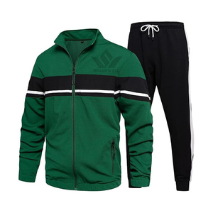 Ensemble de survêtement vert pour homme, veste zippée intégrale et pantalon de jogging noir à cordon de serrage avec poches latérales, vêtements de sport décontractés pour l'automne - Product Image 1