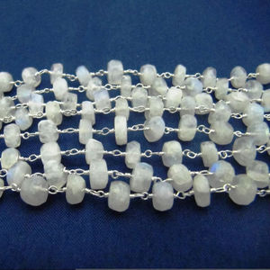 Natural White Rainbow Moonstone Rondelle Faceted Beaded <b>Rosary</b> Handmade Chain Sold Per Foot - Product Image 2