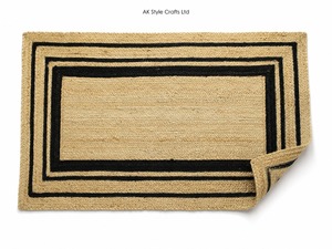 Alfombra de Yute Hecha a Mano, Duradera, Rectangular, con Patrón Geométrico Tradicional, Borde Negro Trenzado, Grosor Medio, 100% para Exteriores - Product Image 3