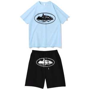 Conjunto de camiseta azul marino y pantalones cortos negros para hombre con estampado de crucero, atuendo informal de verano, conjunto de dos piezas de algodón transpirable. - Product Image 6