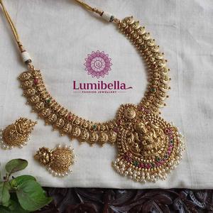 Women's Gold Plated Oxidized Polish Finish Temple Nakshi Engagement Fashion Jewelry Set with Necklace and Earrings - Product Image 3