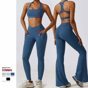 Customized Yoga Gym Wears Athletic Ribbed leggings and Sports <b>Bra</b> Set Light Color Yoga Sets Women Fitness sets - Product Image 2
