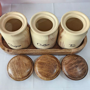 Juego de recipientes de cocina con diseño de mármol, tapa de madera y bandeja, elegante organizador de encimera para té, café y azúcar. - Product Image 2