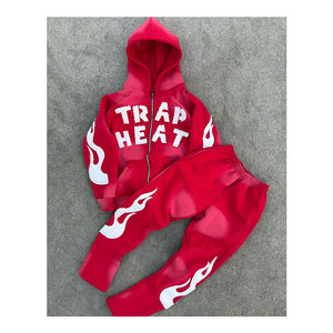 ชุดวอร์ม 480 GSM ผ้าฝ้าย 100% เนื้อหนา ระบายอากาศได้ดี โลโก้แบบดิสเทรส OME ชุดฮู้ดดี้และกางเกงขายาวสีพื้น - Product Image 1