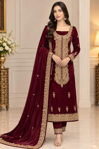 Salwar Kameez en velours noir Fashionista International, broderie dorée, longueur au sol, tenue de mariage traditionnelle pour femmes, Inde - Product Image 2