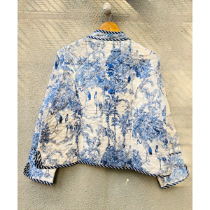 Handmade Blue White Floral <b>Quilted</b> Cotton <b>Jacket</b> Reversible Padded Coat with Pockets for Women Mandarin Collar gift for her - Product Image 6