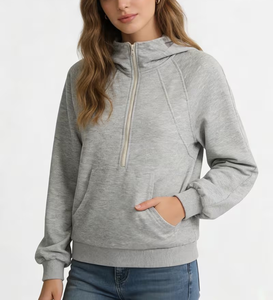 Women's Gray Hooded Zip-Up Sweatshirt with Front Pocket Casual Solid Knitted Pullover Winter Wear Eco-Friendly Polyester/Cotton - Product Image 3