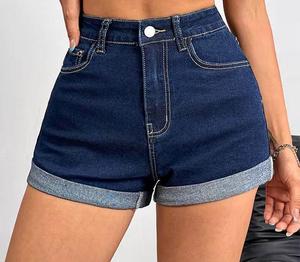 Shorts en jean foncé taille haute pour femme, coupe droite, style décontracté d'été, ourlet retroussé, fermeture boutonnée, coupe classique - Product Image 4