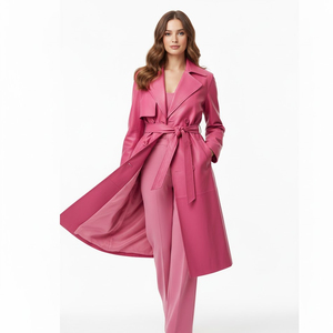 Abrigo Largo de Cuero Rosa con Cinturón, Cuello con Muescas, Manga Larga, Resistente al Viento, Elegante, Ropa de Invierno para Mujer - Product Image 1