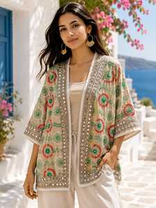 Chaqueta Kimono de Chifón Acolchada con Bordado Floral Suzani Hecho a Mano en India, Cuello en V, Hombros Caídos, Manga Larga, para Vacaciones de Verano - Product Image 5