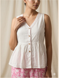 Conjunto de Dos Piezas Casual de Verano para Mujer, Top Peplum sin Mangas con Cuello en V de Algodón Blanco y Pantalones Anchos con Estampado Floral Rosa - Product Image 3